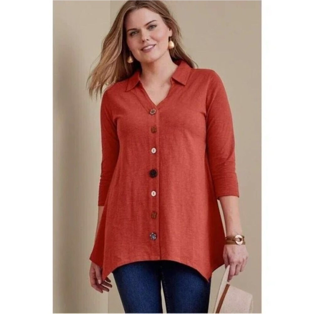 2X Soft Surroundings Danielle Longline Button-Up Burnt Orange Top
